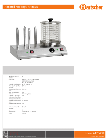 Product information | Bartscher 4 plots chauffés Machine à hot dog Product fiche | Fixfr