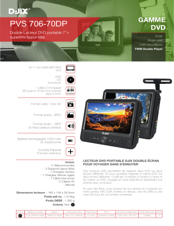 Product information | D-Jix PVS 706-70DP TWIN Double Player Lecteur DVD portable double écran Product fiche | Fixfr