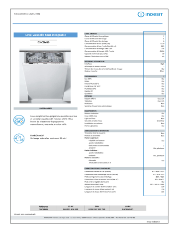 Product information | Indesit DSIC3M19 Lave vaisselle tout intégrable Product fiche | Fixfr
