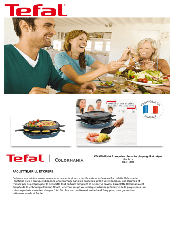 Product information | Tefal RE310401 Colormania 8 bleu acier Raclette Product fiche | Fixfr