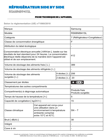 Product information | Samsung RS68N8941SL Family Hub Réfrigérateur Américain Product fiche | Fixfr