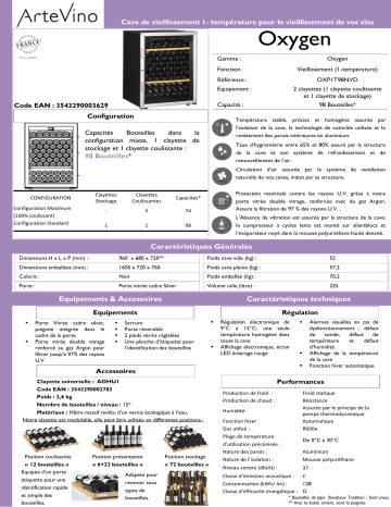 Product information | Artevino OXP1T98NVD Cave à vin vieillissement Product fiche | Fixfr