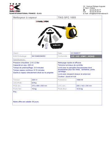 Product information | Kalorik TKG SFC 1005 Nettoyeur vapeur Product fiche | Fixfr