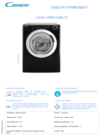 Product information | Candy CSSD1413TWMCBE47 Lave linge hublot Product fiche | Fixfr