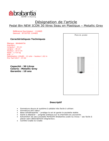 Product information | Brabantia pédale NewIcon 30L MetallicGrey Silent Poubelle manuelle Product fiche | Fixfr