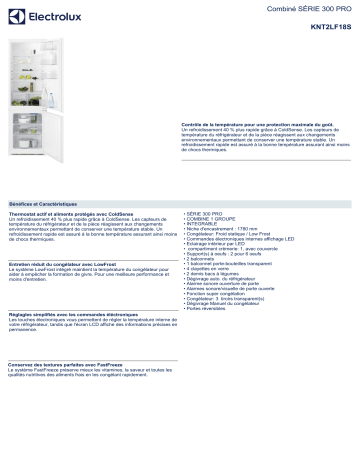 Product information | Electrolux KNT2LF18S Réfrigérateur combiné encastrable Product fiche | Fixfr