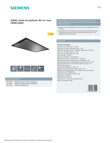 Product information | Siemens LR96CAQ50 Hotte plafond Product fiche | Fixfr