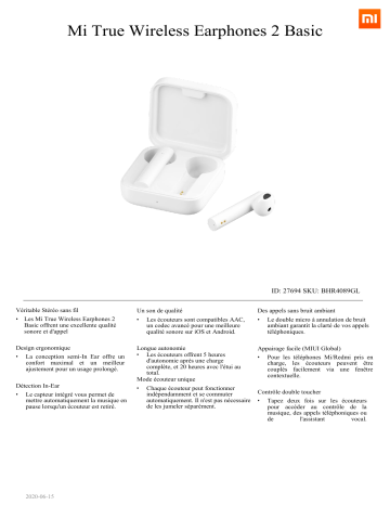 Product information | Xiaomi Mi True Wireless Earphones 2 Basic Ecouteurs Product fiche | Fixfr