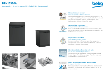 Product information | Beko DFN15320A Lave vaisselle 60 cm Manuel utilisateur | Fixfr