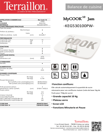 Product information | Terraillon MY COOK 10 JAM BLANCHE + recettes Balance de cuisine Product fiche | Fixfr