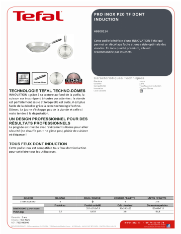 Product information | Tefal Pro Inox diam 20 cm induction H8600214 Poêle Product fiche | Fixfr