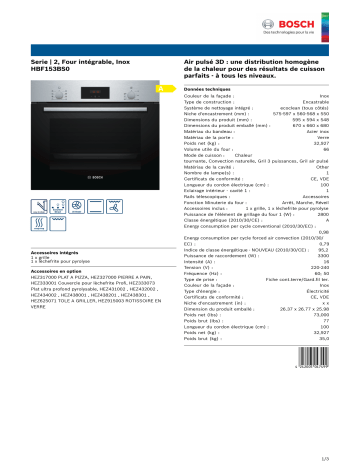 Product information | Bosch HBF153BS0 SERIE 2 Four encastrable Product fiche | Fixfr