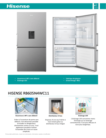 Product information | Hisense RB605N4WC11 Réfrigérateur combiné Product fiche | Fixfr
