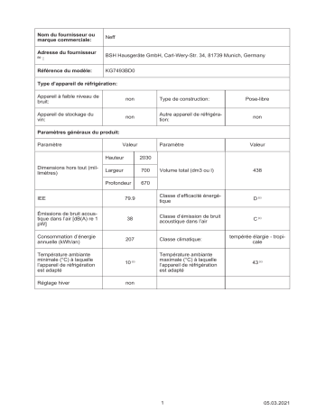 Product information | Neff KG7493BD0 Réfrigérateur 2 portes Product fiche | Fixfr