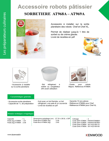 Product information | Kenwood AT969A Sorbetière 1L pour Robot Chef XL Sorbetière Product fiche | Fixfr