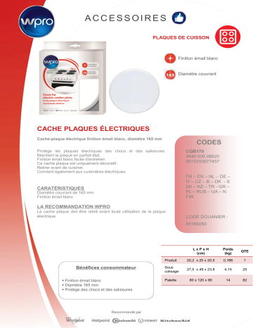 Product information | Wpro CACHE PLAQUE CQB170 - 16.5 cm Cache plaque Product fiche | Fixfr