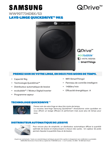 Product information | Samsung WW90T734DBX Quickdrive Lave linge hublot Product fiche | Fixfr
