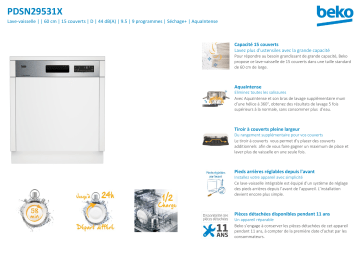 Product information | Beko PDSN29531X Lave vaisselle encastrable Manuel utilisateur | Fixfr