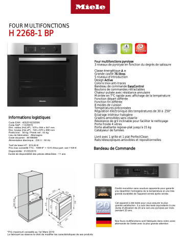 Product information | Miele H 2268-1 BP Four encastrable Product fiche | Fixfr