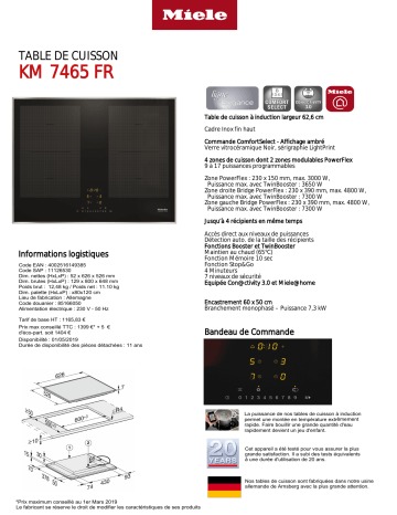 Product information | Miele KM 7465 FR Table induction Product fiche | Fixfr