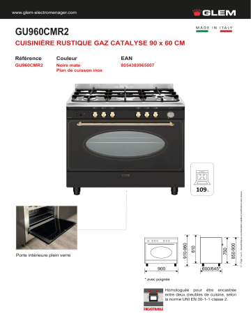 Product information | Glem GU960CMR2 Piano de cuisson gaz Product fiche | Fixfr