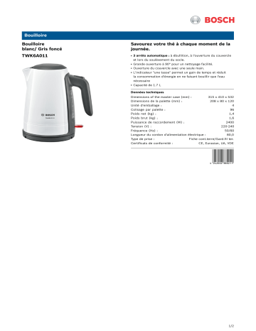 Product information | Bosch TWK6A011 Bouilloire Product fiche | Fixfr