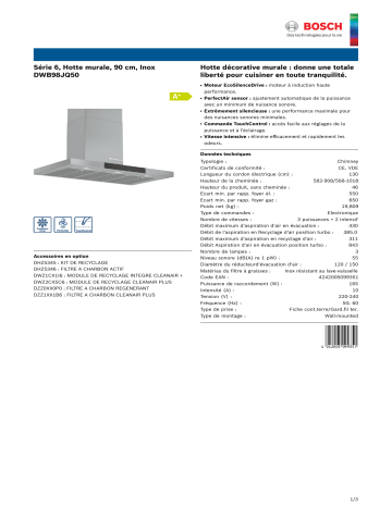 Product information | Bosch DWB98JQ50 Hotte décorative murale Product fiche | Fixfr