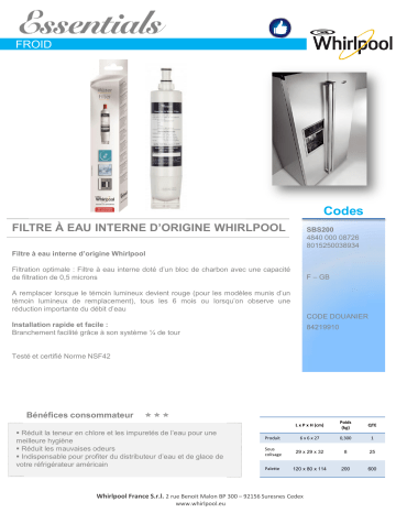 Product information | Wpro A EAU INTERNE REF US WHIRLPOOL Filtre à eau Product fiche | Fixfr