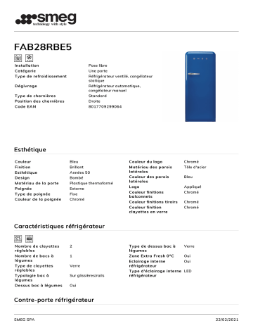 Product information | Smeg FAB28RBE5 Réfrigérateur 1 porte Product fiche | Fixfr