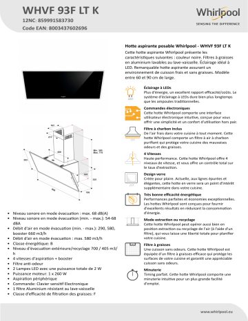 Product information | Whirlpool WHVF93FLTK Hotte décorative murale Product fiche | Fixfr