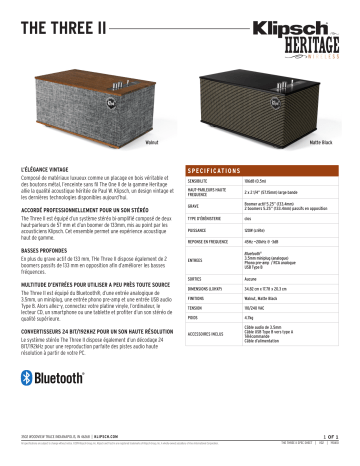 Product information | Klipsch The Three II Walnut Enceinte Bluetooth Product fiche | Fixfr