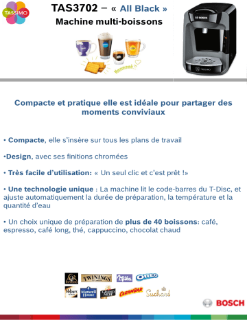 Product information | Bosch Tassimo Suny TAS3702 Noir Tassimo Product fiche | Fixfr