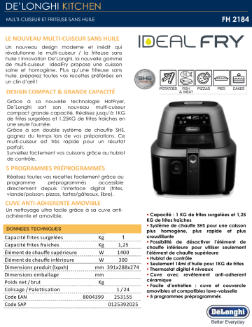 Product information | Delonghi FH2184 IDEALFRY Friteuse Product fiche | Fixfr