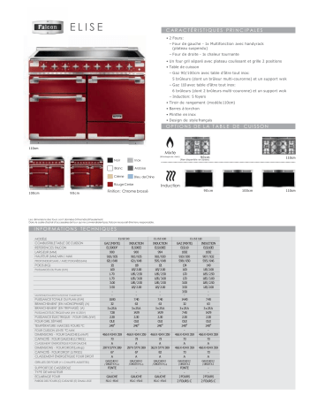 ELISE90 MIXT BLANC | ELISE110 MIXT CREME | ELISE 90 DF BLEU DE CHINE | ELISE110 MIXT ROUGE CERISE | ELISE110 MIXT INOX | ELS110DFWH/-EU | ELISE90 MIXT INOX | ELISE90 MIXT NOIR BRILLANT | ELISE110 MIXT BLEU DE CHINE | Product information | Falcon ELISE110 NOIR BRILLANT Piano de cuisson mixte Manuel utilisateur | Fixfr