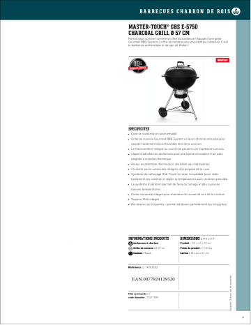 Product information | Weber Master Touch GBS E-5750 Charcoal Grill57 Barbecue charbon Product fiche | Fixfr