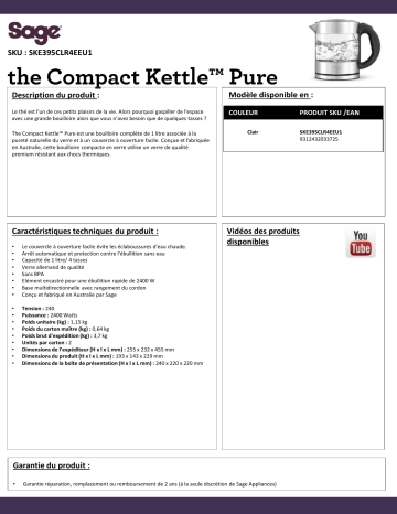 Product information | Sage Appliances the Compact Kettle Pure Bouilloire Product fiche | Fixfr