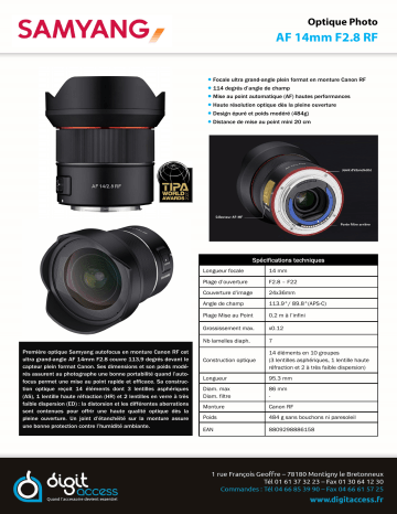 Product information | Samyang AF 14mm F2.8 Canon RF Objectif pour Hybride Plein Format Product fiche | Fixfr