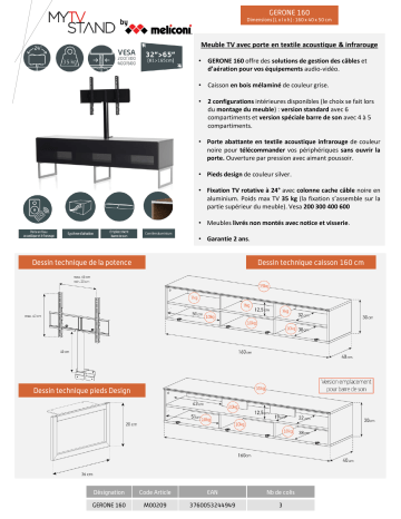 Product information | Meliconi Gerone 160 cm gris Meuble TV Product fiche | Fixfr