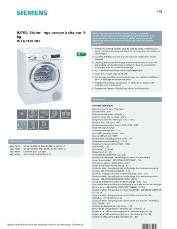 Product information | Siemens WT47XKH9FF Intelligent Cleaning system Sèche linge pompe à chaleur Product fiche | Fixfr