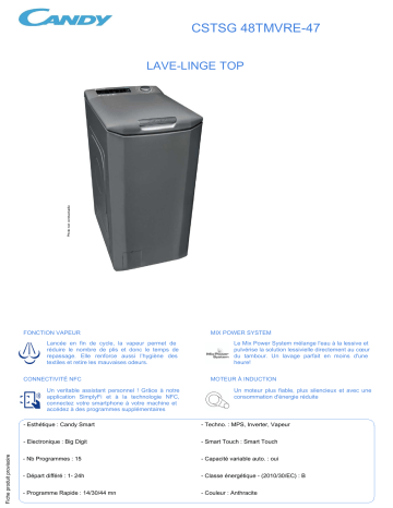 Product information | Candy CSTSG 48TMVRE-47 Lave linge top Product fiche | Fixfr