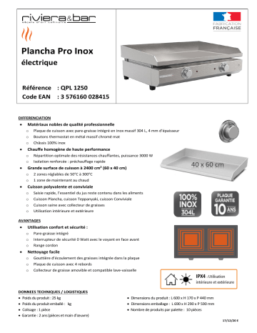 Product information | Riviera Et Bar QPL1250 Plancha électrique Product fiche | Fixfr
