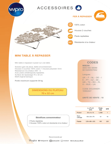 Product information | Wpro Mini table à repasser MIB200 Table à repasser Product fiche | Fixfr