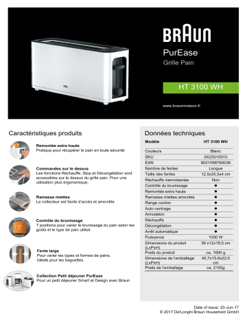 Product information | Braun HT3100WH PurEase Grille-pain Product fiche | Fixfr