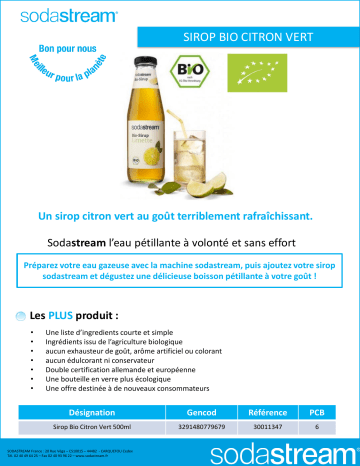 Product information | Sodastream Bio CITRON VERT 500 ml Arômes Product fiche | Fixfr