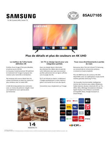 Product information | Samsung UE85AU7105 2021 TV LED Product fiche | Fixfr