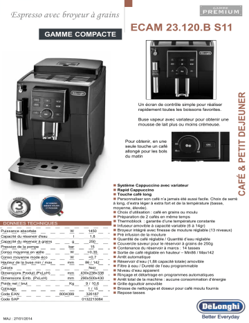 Product information | Delonghi Compact ECAM23.120.B S11 Expresso Broyeur Product fiche | Fixfr