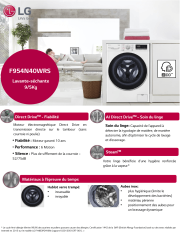 Product information | LG F954N40WRS Lave linge séchant hublot Product fiche | Fixfr