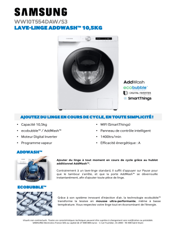 Product information | Samsung WW10T554DAW Lave linge hublot Product fiche | Fixfr