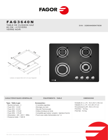 Product information | Fagor FAG3640N Table gaz Product fiche | Fixfr