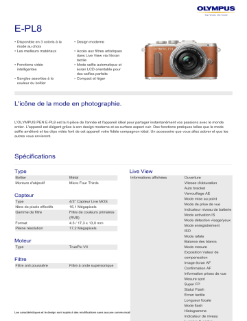Product information | Olympus Pen E-PL8 marron + 14-42mm EZ Appareil photo Hybride Product fiche | Fixfr